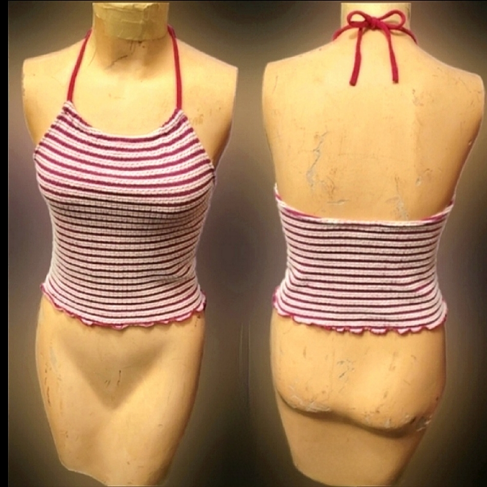 Vtg Y2K fuchsia white ribbed horizontal striped ribbon curl sexy halter top L